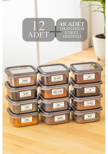 12'li Etiketli Baharatlık Seti - Kapaklı Kare Baharat Takımı Saklama Kabı 12x300 Ml Antrasit
