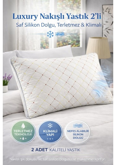 Premium Nakışlı 2 Li Yastık Terletmez Klimalı, Saf Silikon Dolgu Beyaz