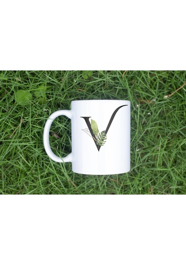 V Harf Zarif Yaprak Desenli Kupa Bardak - Naturel Sade Alfabe Harfli Bardak - Kişiye Özel Hediye Beyaz