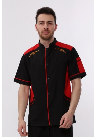 Uniprom Kısa Kollu Aşçı Ceketi Önlük Omuz Nakışlı Cepli Şef, Garson Siyah Kırmızı