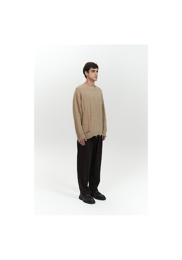 Vincent Yırtık Detay Vizon Erkek Triko Kazak Vizon