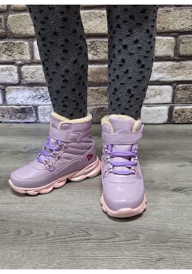 İçi Kürklü Kaydırmaz Kauçuk Taban Su Geçirmez Işıklı Çocuk Botu Lila