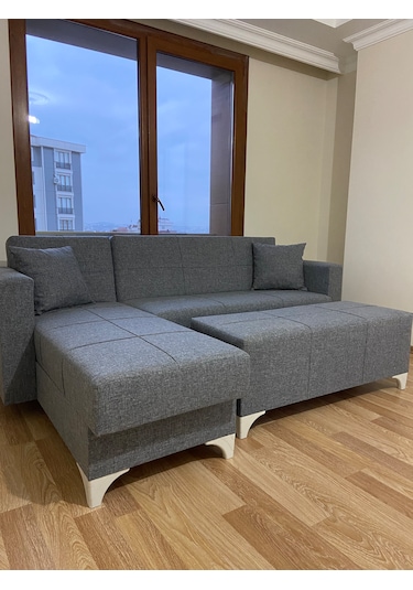 Açık Gri Keten Köşe Koltuk Takımı+puf