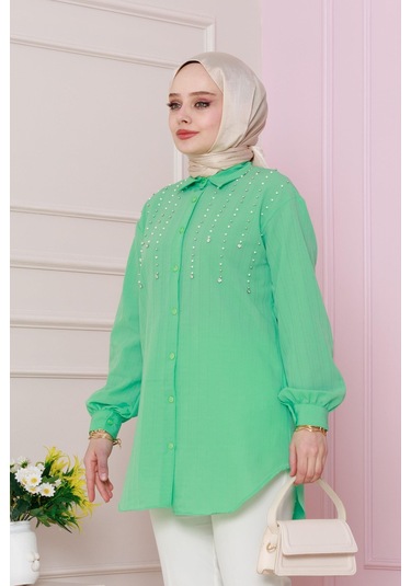 Sevitli Önü İncili Tunik-su Yeşili-4736 Su Yeşili
