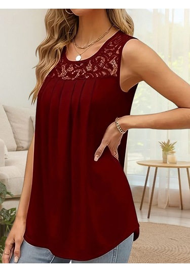 Kadın Askılı Yuvarlak Yaka Dantel Detaylı Viskon Bluz Bordo