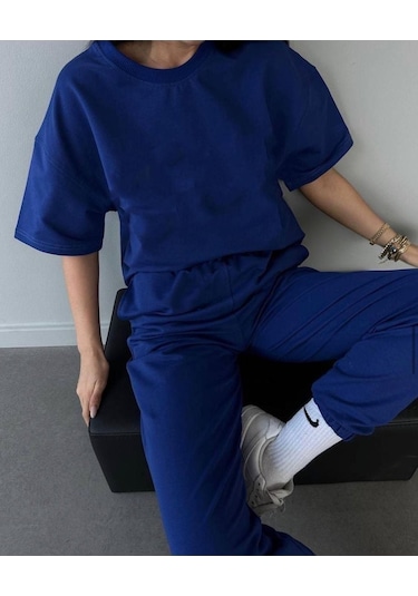 Basic T-shirt Eşofman Altı Jogger - Saks Mavi Düz Alt Üst Eşofman Takımı Oversize Bisiklet Yaka Saks Mavi