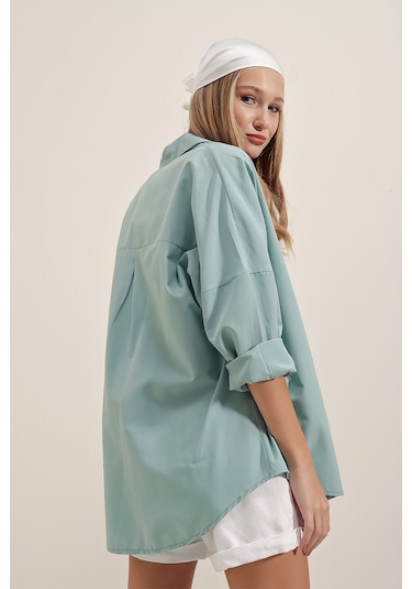 Bigdart 3900 Oversize Uzun Basic Gömlek - Su Yeşili 001