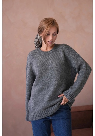 Kadın Bisiklet Yaka Yumuşak Dokulu Oversize Triko Kazak 3032 Antrasit