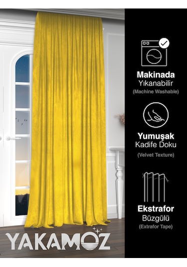 Yakamoz Kadife Görünüm Güneş Sarısı Ada Fon Perde Ekstraforlu Velvet Touch Serisi Güneş Sarısı Sarı