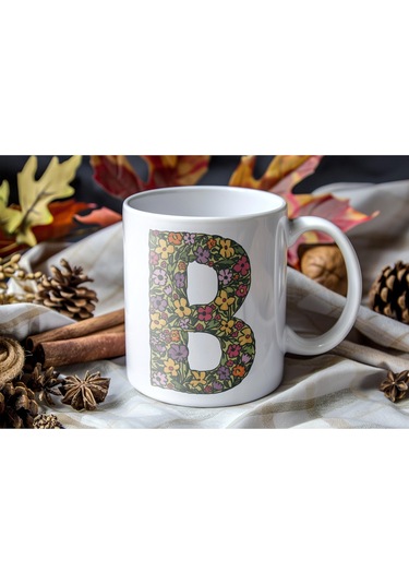 B Baş Harf Çiçek Desenleri İle Natural Tarz Kupa Bardak - Kişiye Özel Çiçekli Kahve Çay Bardak - Beyaz