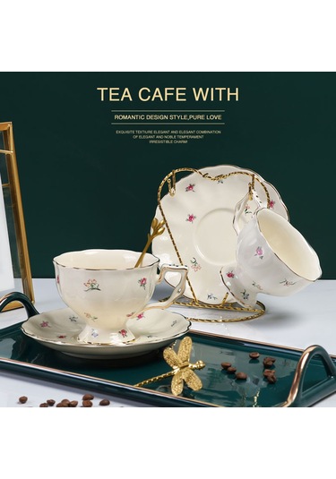 Lemestar Porselen Kahve Fincan Seti 250ml - Büyük Kapasite, Gümüş Kenar, Tabak Ve Kaşık İçeren Fransız Stil Servis Seti Beyaz