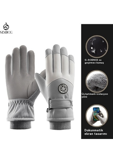 Kayak Sıcak Rüzgar Geçirmez Su Geçirmez Dokunmatik Ekran Eldiveni Gri Beyaz