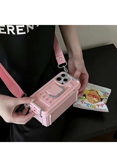 Elmpaly İphone 15 Pro Max Bright Pink Çapraz Taşımalı Depolama Telefon Kılıfı
