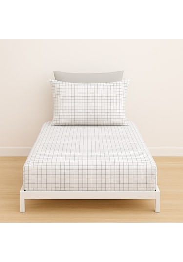 Tek Kişilik Kareli Desen Lastikli Çarşaf Ve Yastık Kılıfı Beyaz