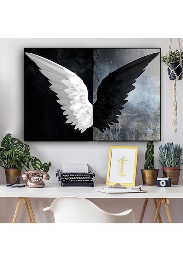 Siyah Beyaz Güçlü Tüy Kanatları 5d Diy Elmas Boyama Mozaik Resim Melek Duvar Dekor 40x50cm