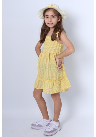Kız Çocuk Şapkalı Elbise Kareli Fiyonklu B33 Sarı
