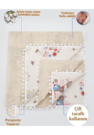 Mordesign Kenar Ponponlu Bebek Pikesi %100 Pamuk Kumaş Animal Serisi