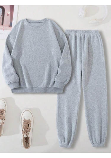 Düz Kalın Kışlık Eşofman Takımı - Gri Sweatshirt Jogger Oversize Sıfır Yaka Gri