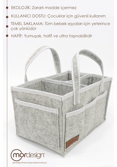 Mordesign Çok Amaçlı Kalın Keçe Anne Bebek Bakım Çantası Dolap İçi Organizer Scotch Serisi Gri