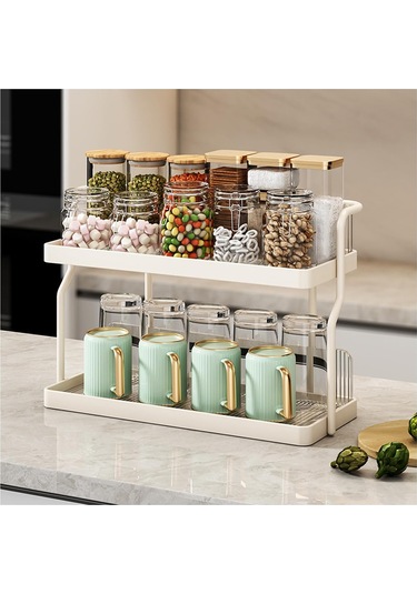 Çift Katmanlı Mutfak Baharat Fincan Raf Tezgah Duvara Monte Karbon Çelik Depolama Rafı