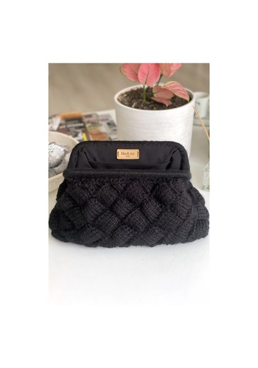 El Yapımı Siyah Diamond Yün Örgü El Çantası Siyah