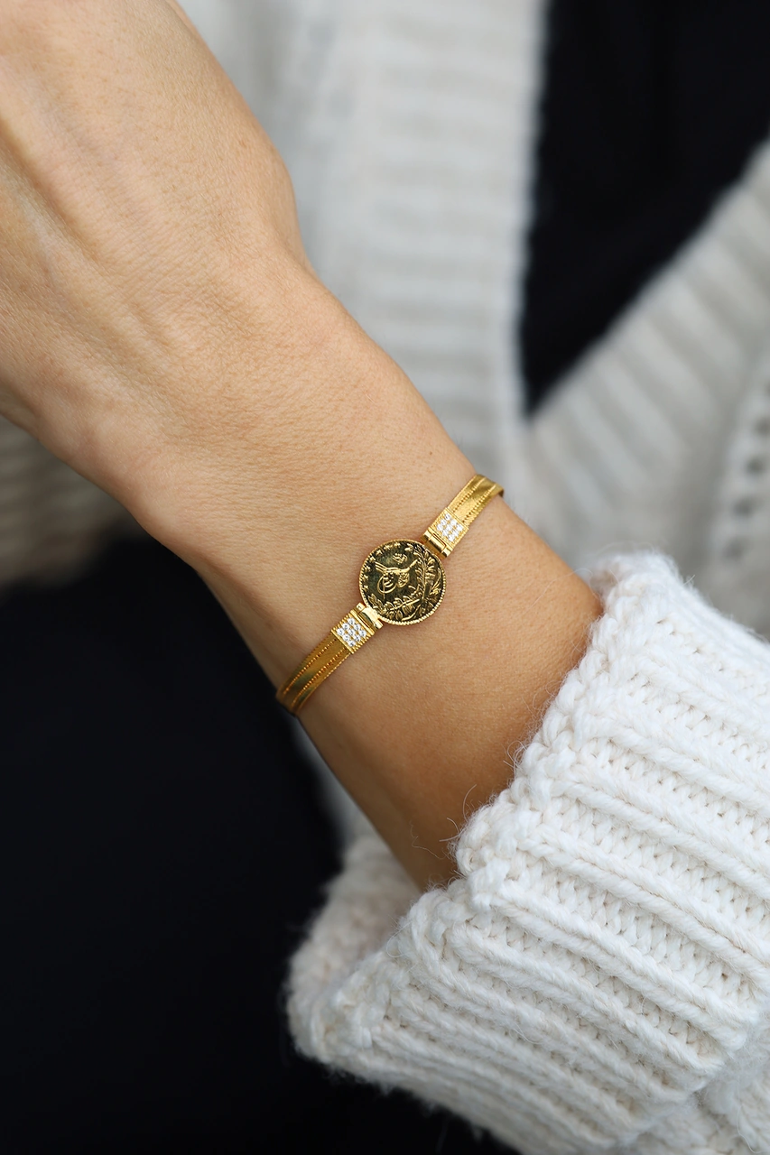 14 Ayar Altın Taş Ve Trabzon Hasır Detaylı 22 Ayar Çeyrek Reşatlı Bileklik Blk34844