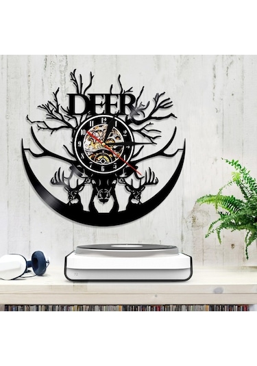 Primepickings Müzik Vinil Kayıt Duvar Saati -geyik Kafası Vinil Duvar Saati - Vinil Saat - Oturma Odası Duva A