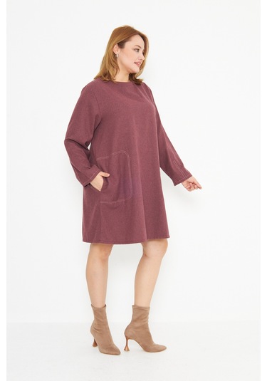 Bordo Dikiş Detaylı Büyük Beden Tunik Bordo