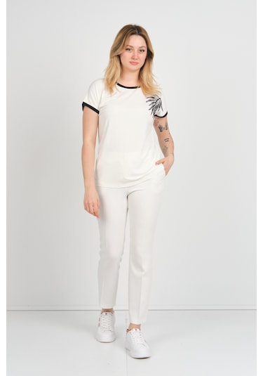 Sistas Kadın Düşük Kol Boncuk İşlemeli Bisiklet Yaka Bluz 24274 Ekru Ekru