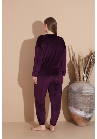 Boyraz Kadın Kışlık Fransız Kadife Büyük Beden Bisiklet Yaka Uzun Kol Pijama Takımı 03143 - 1 Adet Mor