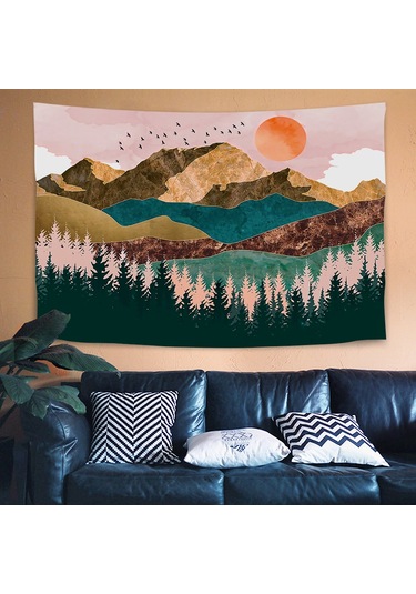 Konesam Dağ Ormanı Manzaralı Flanel Duvar Örtüsü, Gün Batımı Desenli Dekoratif Tapıstry, Yatak Odası/ Salon Dekoru, 150x180 Cm, Yumuşak Ve Dayanıklı Çok Renkli