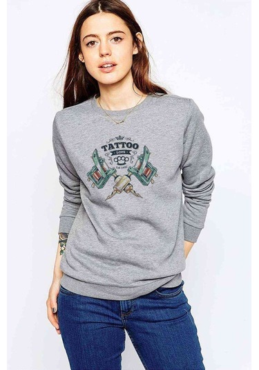Tatto Love Retro White Baskılı Gri Kadın Sweatshirt