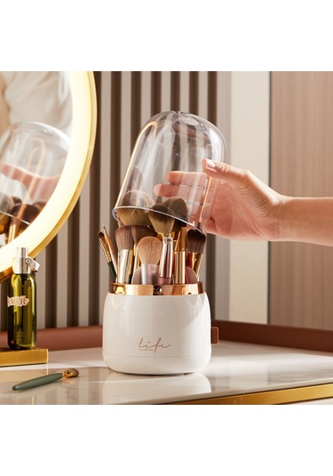 Masaüstü Makyaj Fırçası Ve Kozmetik Düzenleme Kutusu Organizer Bölmeli Dönebilen Bej