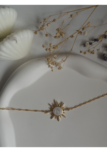 Handmade Pirinç Üzeri Altın Kaplama Güneş Beyaz Bileklik - Sunrise - White Sevgiliye Hediye