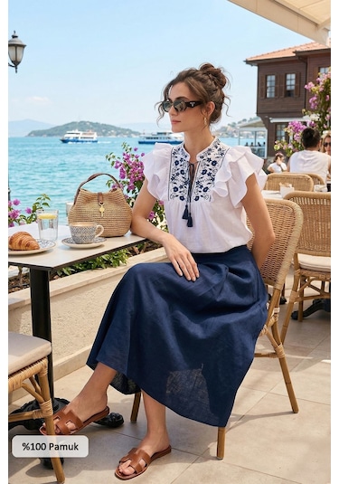 Lela Pamuklu Regular Fit Nakış Işlemeli Bayan Bluz 611Bz0253 Beyaz-Indigo