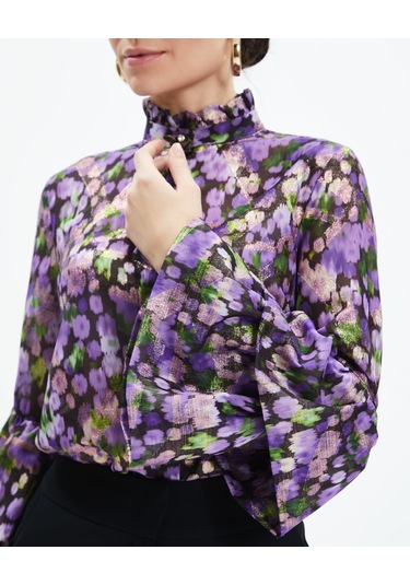 Volan Kollu Metalik Desenli Transparan Gömlek Işıltılı Ve Sofistike Stil Mor