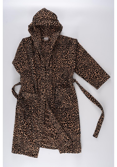 Soley Panthera %100 Pamuk Kadın / Erkek Bornoz Unisex Leopar Baskılı - Kahve Biyeli