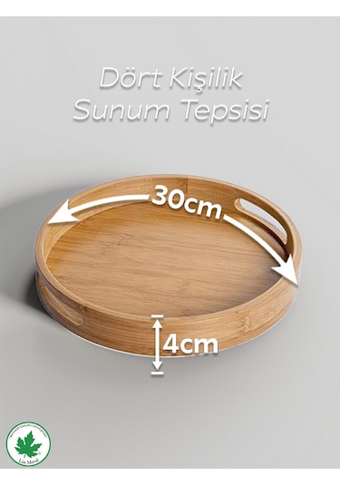 Yuvarlak Bambu Tepsi, Kulplu Sunum Tepsisi, Servis Tepsisi, Kahve Tepsisi, Keyif Tepsisi, Modern Tahta Tepsi - 30 Cm Bambu