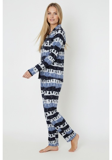 Luxury Soft Lacivert Çam Ağacı Desenli Uzun Kollu Kadın Pijama Takımı 3048 Mavi