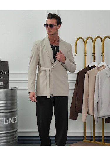 Modefendi Şal Yaka Kuşak Detaylı Blazer Ceket Krem