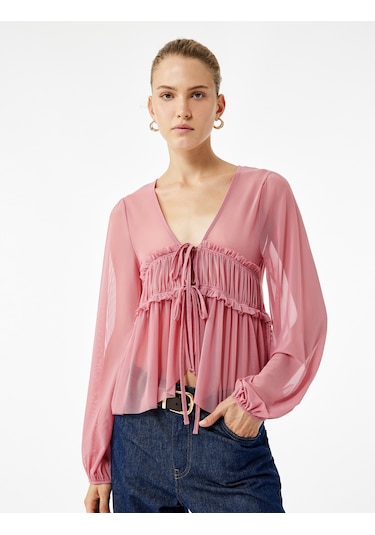 Koton Uzun Kollu Bağlamalı Fiyonk Detaylı Yarı Transparan V Yaka Fırfırlı Bluz Pembe 6wak80130ek Gül