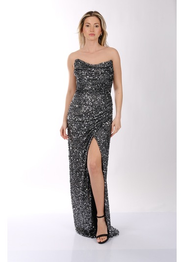 Pul Detaylı Abiye Elbise Dori 00kb7070 Antrasit