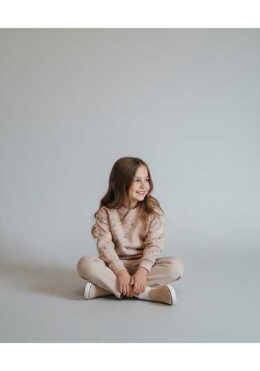 Çiçek Desenli İki İp Kız Çocuk Alt Üst Takım Kahverengi