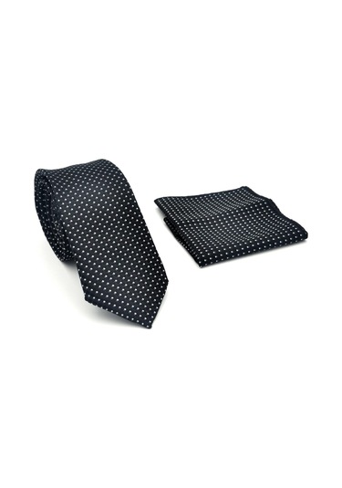 Beyaz Küçük Kare Desenli Siyah Dokuma Kumaş Mendilli Slim Fit Kravat // Sdk-2511-1 Siyah