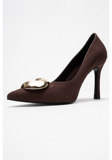 Jordana Kahverengi Süet Gold Tokalı Kadın İnce Topuklu Ayakkabı Kahverengi