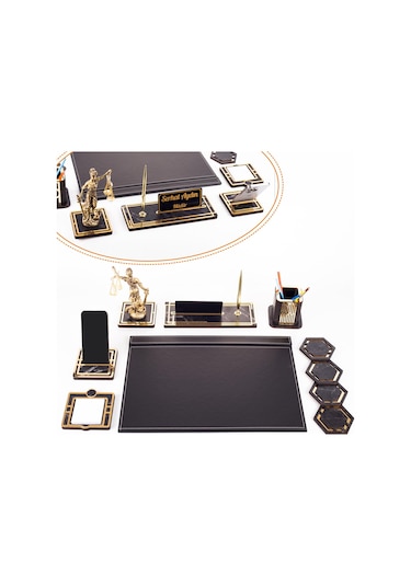 Themis Biblolu Altın Deri Sümen Takımı Mermer Desen Ahşap İsme Özel Masa İsimliği Masaüstü İsimlik