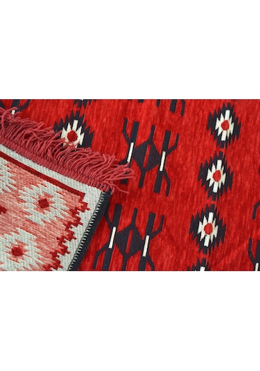 Etnik Motifli Otantik Dekoratif Kilim Desenli Halı 80cmx125cm M1 Kırmızı - Siyah