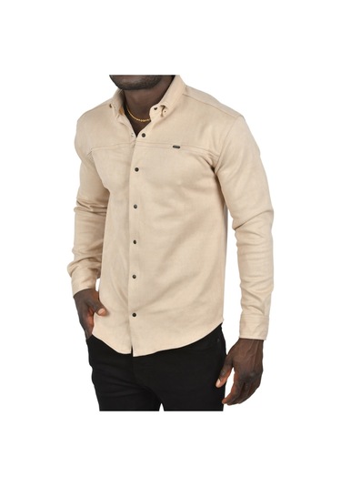 Deepsea Erkek Krem Likralı Çıtçıtlı Kırışmayan Süet Kumaş Slim Fit Cepsiz Mevsimlik Gömlek 2500556 False Krem