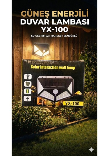 100 Led Dış Mekan Solar Aydınlatma Fotoselli Solar Lamba Hareket Sensörlü Altın