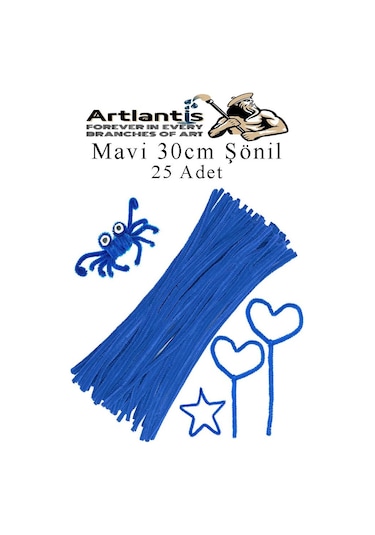 Şönil 30 Cm 25 Li 1 Paket Renkli Tüylü Tel Okul Öncesi Anasınıfı Kreş Hobi Eğitici Şönil Pipo Temizleyici Tüylü Tel Mavi